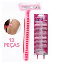 12 Aparelhos de Barbear Rosa Descartáveis Antialérgico para Depilação 3 Lâminas e Fita Lubrificante 12 Aparelhos de Barbear Rosa Descartáveis Antialérgico para Depilação 3 Lâminas e Fita Lubrificante