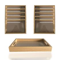 12 Bandejas Retangular Madeira Fundo Treliça e Acrílico 32cm