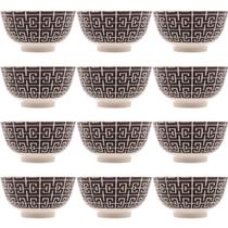 12 Bowls de Porcelana Lyor Sobremesa Cumbucas 410ml Decoradas Egypt Pretas