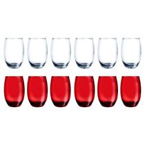 12 Copos de Vidro Bellagio 450ML 6 Vermelho e 6 Transparente
