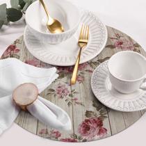 12 Jogo Americano Redondo PVC Mesa Posta Jantar Rosas Bege