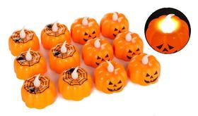 12 Mini Velas Abóboras Com Led Tema Festa Halloween Bruxa