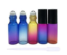 12 Pcs 5 ml Rainbow Color Glass Roller Bottles Roll-on Bottles Vial Container com bolas de rolo de aço inoxidável e tampa preta para perfumes de óleo essencial Aromaterapia líquida + 1pc 3 ml conta-gotas incluído