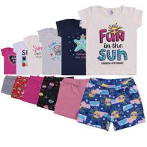 12 Peças de Roupas Femininas Infantil De Verão 6 Conjuntos Camisetas e Shorts Cotton