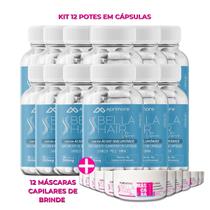 12 potes bella hair vitamin caps menos queda, mais cabelo ácido hialurônico+peptídeos de colágeno+12 máscaras capilares