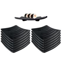 12 Pratos Oriental 14cm Quadrado Melamina Preto Japones