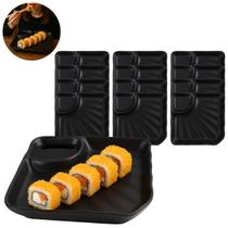 12 Pratos Sushi Oriental Preto 17,5cm com Molheira Integrada