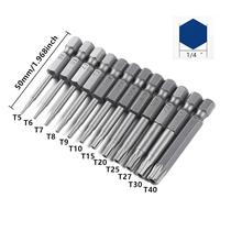 12pcs 50mm 1/4 "Hex Shank Hole Segurança Torx Bits - T5 a T40-Perfeito para projetos DIY