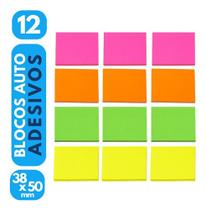 12x Bloco Auto Adesivo Neon Coloridos 38x50 Mm 600 Folhas - 12 Blocos Adesivos Notas Recado Estudo Escritório Escolar Po