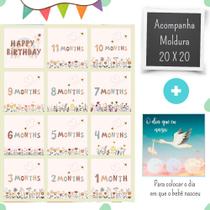 13 plaquinhas mesversário bebê-happy birthday(kit 1 a 12 meses + o dia que nasci) + 1 moldura branca - CASTELO BABY