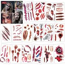 140 PCS Halloween Zombie Maquiagem, Halloween Fake Scars Horror Fake Bloody Wound Tatuagens de Zumbi Temporário para Mulheres Crianças Festa de Halloween Cosplay - HUTALOE