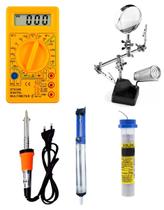 1419 - Multímetro, Ferro de Solda, Sugador, Estanho e Lupa de Aumento com Garra e Suporte