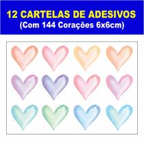 144 Etiquetas adesivas de Coração Aquarela (12 Cartelas A4)