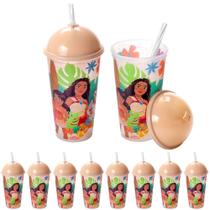 15 Copos Estampados Moana 500ml para meninas com Tampa e Canudo Plasútil 15 Copos Estampados Moana 500ml para meninas com Tampa e Canudo Plasútil