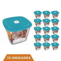 15 Potes Vidro Quadrado Alto Com Tampa Facilita Marinex 1L