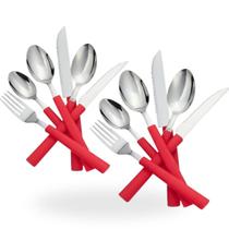 15 Talheres de Inox com Cabo Vermelho de Mesa 5 Facas 5 Colheres 5 Garfos uso Residencial Restaurant