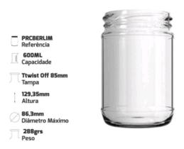 15 unidades de potes de vidro berlim 600ml com tampa plástica