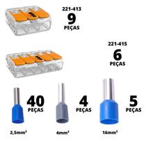 15un Conector Wago 221 Emenda Derivação 3 e 5 vias 4mm² 32A/450V e 49un Terminal Simples 2,5 4 e 6mm²