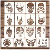 16 Estênceis De Caveira Com Chamas, 5x6 Polegadas, Moldes Plásticos Reutilizáveis Para Decoração De 16 Estênceis De Caveira Com Chamas, 5x6 Polegadas, Moldes Plásticos Reutilizáveis Para Decoração De