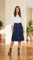 1650 - Saia Jeans Midi Godê Feminina com Botões e Bolsos Cor:EscuraTamanho:48 1650 - Saia Jeans Midi Godê Feminina com Botões e Bolsos Cor:EscuraTamanho:48