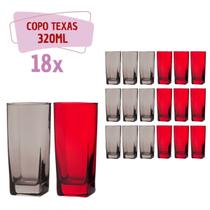 18 Copos de 320ml 9x Cinza 9x Vermelho Texas Vidro Quadrado