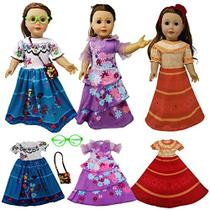18 polegadas roupas de boneca, 3 pc conjunto de vestido diferente inclui mirabel, isabella, dolores, vestido de fantasia acessórios decorativos se encaixa todos 18 polegadas menina boneca