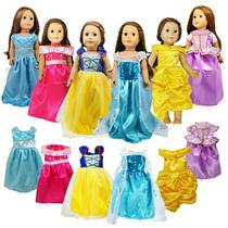 18 polegadas roupas de boneca da menina, 6pc traje da princesa incluem bella, cinderela, branca de neve, rapunzel, princesa elsa e aurora se encaixa em todas as bonecas de menina de 18 polegadas