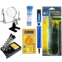 1814- Kit Ferro Soldar Hikari ,Multimetro, Lupa, Suporte ,Solda, e Sugador