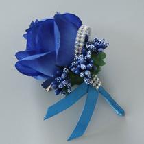 1Pc Mulheres Casamento Artificial Rosa Flor Brooch Bouquet Corsage Glitter Rhinestone Ribbon Lace Classic Prom Boutonniere Com Pin - Azul Real