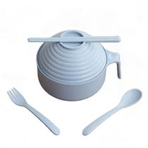 1Set Cute Noodles Bowl with Lid Handle Dinnerware Wheat Straw Style Soup Bowl Microwavable Bowl Lancheiras (Azul)