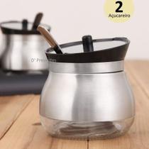 2 Açucareiro De Vidro Com Tampa E Colher Revestido Aço Inox 2 Açucareiro De Vidro Com Tampa E Colher Revestido Aço Inox
