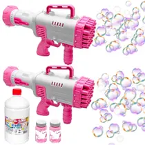 2 Arminhas Faz Bolhas de Sabão Elétrica Bazuca Bolinha Rosa