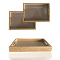 2 Bandejas Retangular Madeira Fundo Treliça e Acrílico 32cm