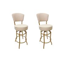 2 Banquetas Alta Bar Giratória com Encosto cor Dourado fosco Assento cor linho bege grosso Confortável