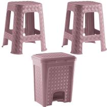 2 Banquetas Quadrada Rattan Rose + Lixeira Rattan 13L Rose
