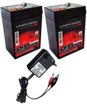 2 Bateria Recarregável Unipower 6v 4,5ah Carregador 6v 800mah Plug Garra Jacaré 2 Bateria Recarregável Unipower 6v 4,5ah Carregador 6v 800mah Plug Garra Jacaré