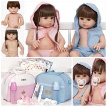 2 Bebe Reborn Casal Gêmeos Roupão Corpo de Vinil Toma Banho