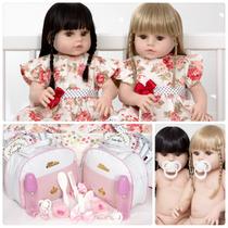 2 Bebê Reborn Gêmeas Loira Morena Silicone Bolsa Acessórios