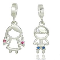 2 Berloque Filhos Prata Maciça 925 Menina E Menino 2 Berloque Filhos Prata Maciça 925 Menina E Menino