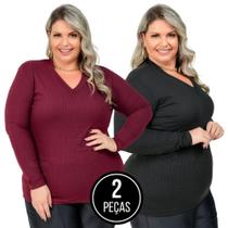 2 Blusas de Manga Longa - Gola V - Plus Size - Malha Canelada