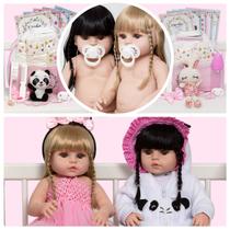 2 Boneca Reborn 100% Silicone Gêmeas Enxoval Panda Bailarina