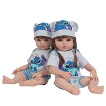 2 Boneca Reborn Gêmeos 100% Vinil Roupa Stitch + Pelúcia
