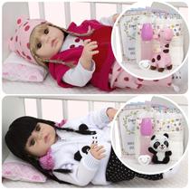 2 Boneca Reborn Loira Morena Enxoval Girafa Panda Completa