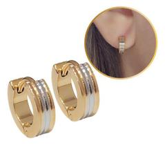 2 Brincos De Argola Aço Inox Dourado Com Detalhes Em Prata