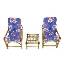 2 Cadeiras Bambu Mesa e Almofadas Para Varanda Flor Rosa