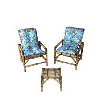 2 Cadeiras Bambu Mesa e Almofadas Para Varanda Floral Azul
