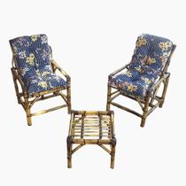 2 Cadeiras Bambu Mesa e Almofadas Para Varanda Listra Azul