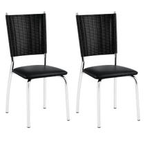 2 Cadeiras Duda Cromada Junco Sintético Preto Assento Preto Para Cozinha Sala de Jantar e Restaurante