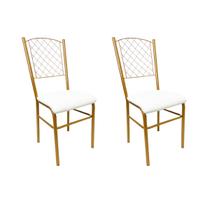 2 Cadeiras para Cozinha reforçada cor Dourado Fosco assento branco encosto de grade