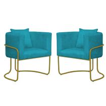 2 Cadeiras Poltrona Sara Base Metal Dourado Assento Veludo Azul Turquesa